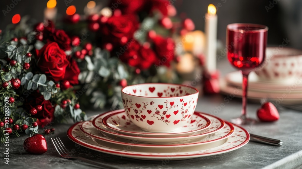Fototapeta premium A romantic dining table adorned with heart-patterned dishware and floral decorations for a cozy evening celebration