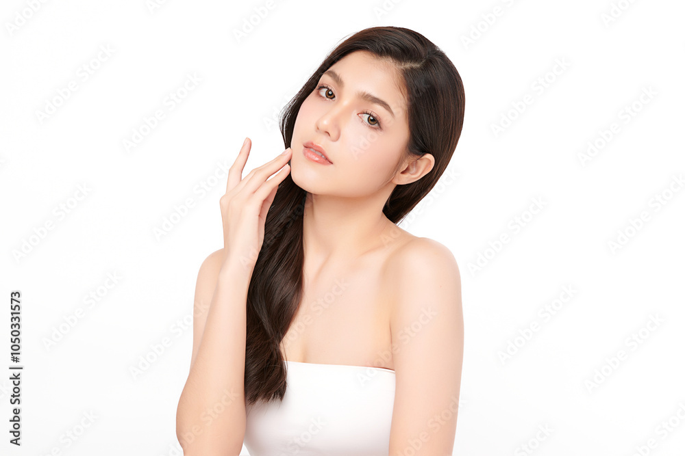 Beautiful young asian woman with clean fresh skin on white background, Face care, Facial treatment, Cosmetology, beauty and spa, Asian women portrait.