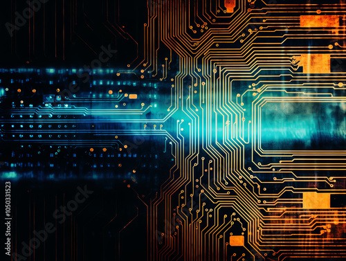 Abstract Close-Up of Circuit Board Design with Blue and Orange Lighting Effects Representing Technology and Digital Innovation