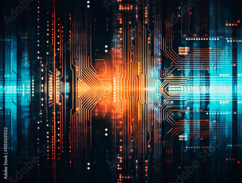 Futuristic Circuit Board with Blue and Orange Glow Illustrating High-Tech Digital Connectivity and Innovation