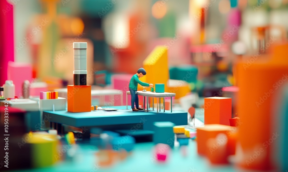 A miniature person working on a table. A miniature person working on a table.