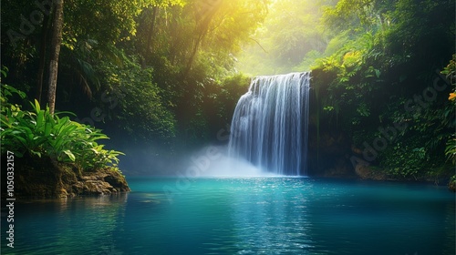 A stunning tropical landscape featuring a waterfall deep in a vibrant rainforest, cascading water framed by tropical plants, tall trees, and a serene blue pool.