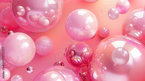 Pink and peach abstract spheres floating on a pink background.