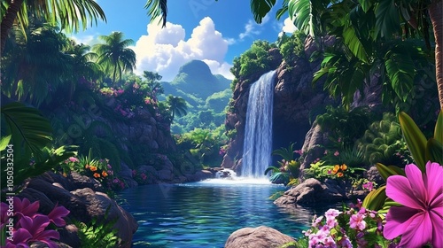 A stunning tropical landscape featuring a waterfall under the canopy of a vibrant rainforest, with vines draping over rocks of tropical landscape, and water flowing into a reflective pond.