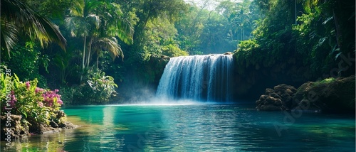 A stunning tropical landscape featuring a waterfall with clear turquoise water, enveloped in lush greenery, tall palm trees, and tropical blossoms, sunlight creating reflections.