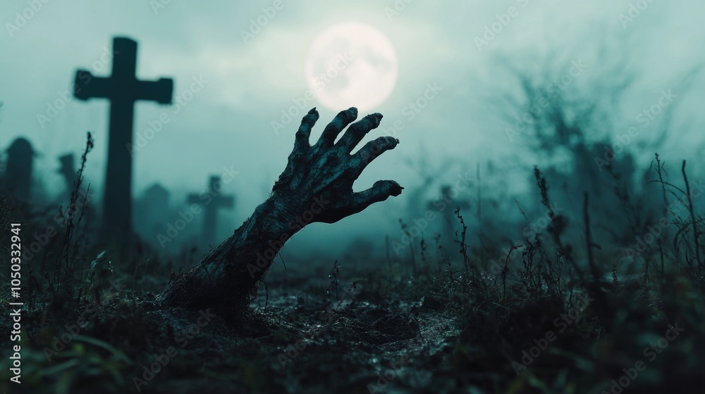 Spooky scaring monster hand breakout of ground in graveyard with fog tombstone cross Spooky scaring monster hand breakout of ground in graveyard with fog tombstone cross
