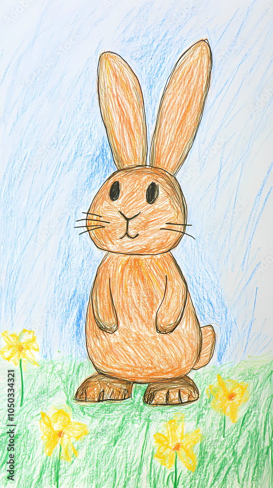 Obraz premium A cute, easy drawing of a rabbit for kids, with a round face, big floppy ears, and a tiny nose. The rabbit has simple oval eyes and a happy smile, sitting with small paws and a fluffy tail.