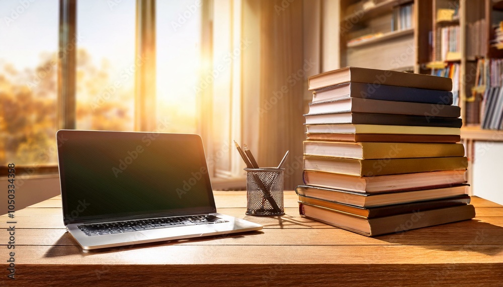 Stack of hardcover books on a wooden table in a sunlit room. 3D Rendering Stack of hardcover books on a wooden table in a sunlit room. 3D Rendering
