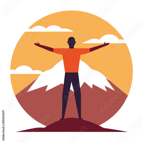  a man standing with his arms outstretched on top of a mountain sunset Silhouette on Retro Vintage Background Vector Art Illustration T-shirt Design Art