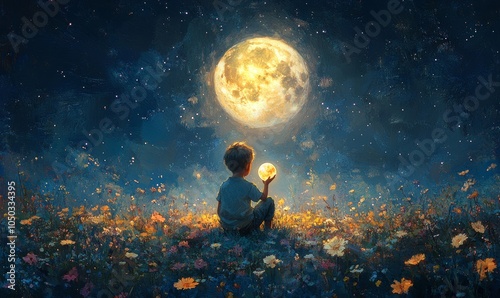 Young Boy Holding Moon in Hands Under Starry Night Sky, Sitting on Flower Meadow, Digital Art Illustration Painting, Magical Dreamlike Scene, Fantasy, Generative AI