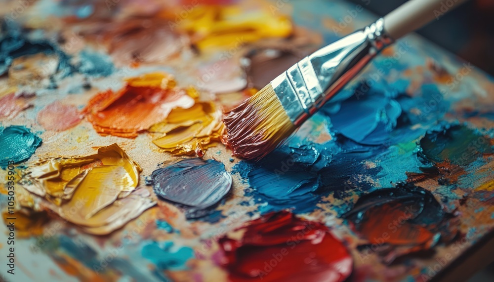 Fototapeta premium Close-up of a paintbrush on a palette with various oil paints.