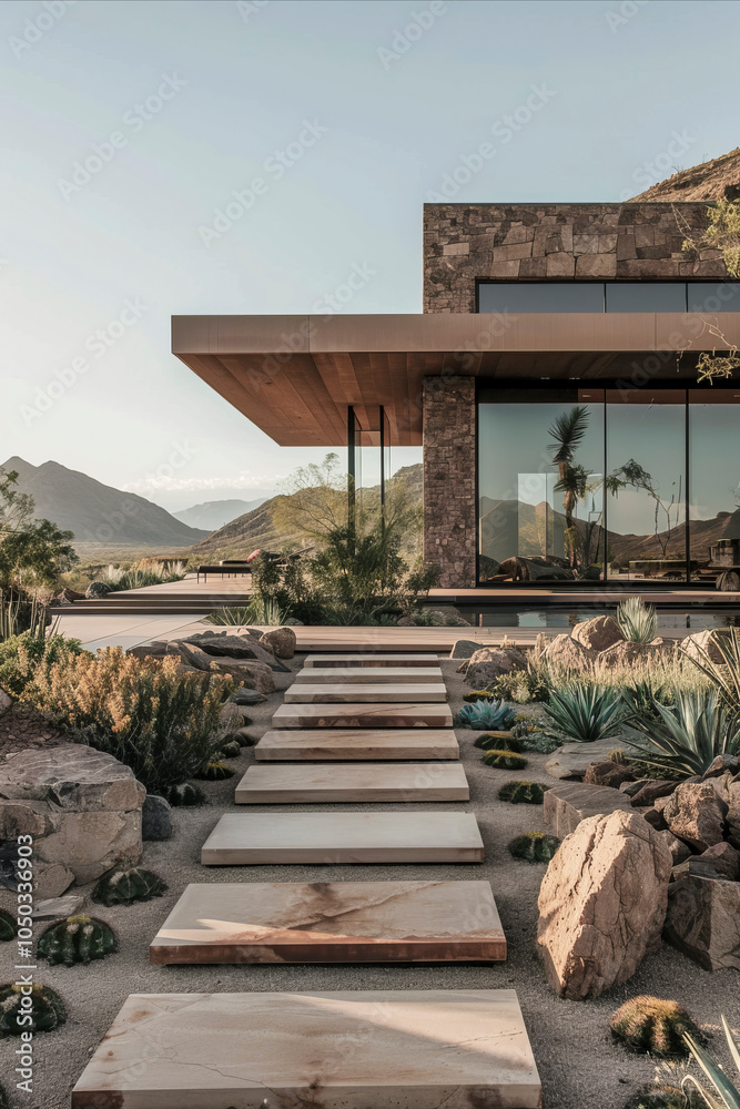 Fototapeta premium Modern desert house with minimalist stone path and native landscaping under clear sky.