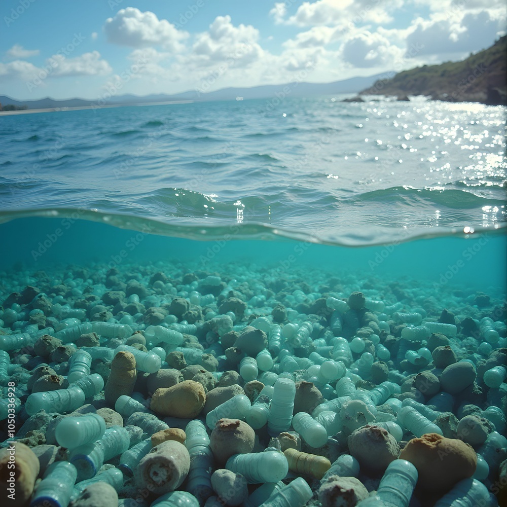 Obraz premium Ocean pollution, bottles, tin cans