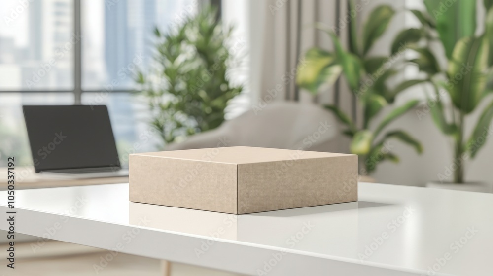 Fototapeta premium A minimalist box sits on a clean table in a modern office with a laptop and potted plants nearby