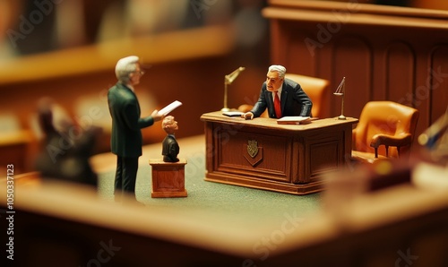 Miniature courtroom with judge, defendant and witness. photo