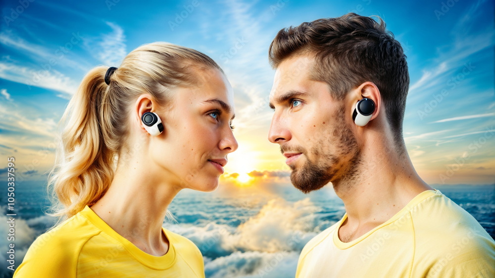 Couple with wireless earbuds against sunset sky Couple with wireless earbuds against sunset sky