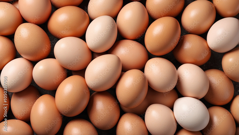 Close-up of a large group of brown chicken eggs on a gray surface. Close-up of a large group of brown chicken eggs on a gray surface.
