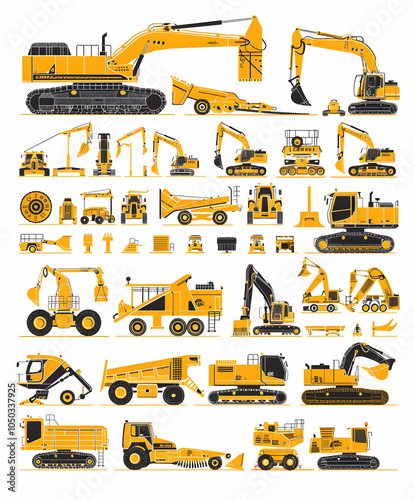 A collection of 41 yellow construction vehicles with various types and sizes.