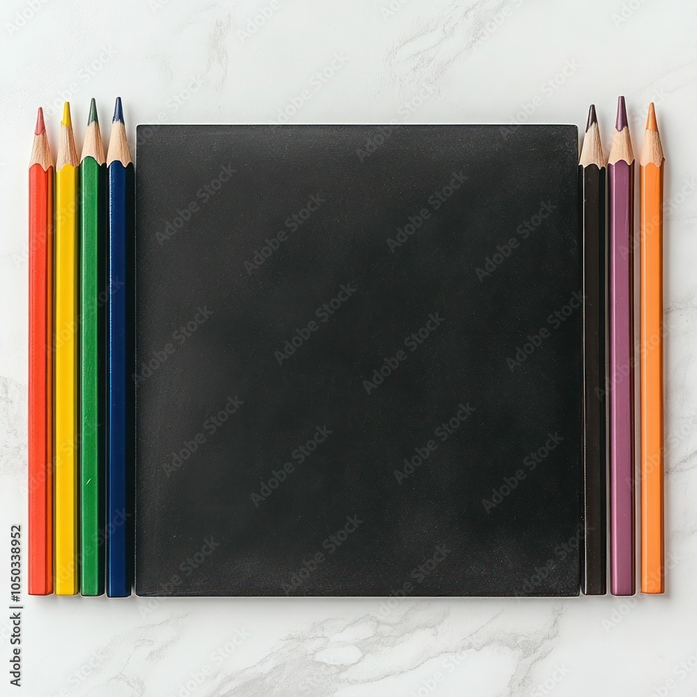 Fototapeta premium Colorful Pencils Next to Empty Chalkboard for Creative Expression