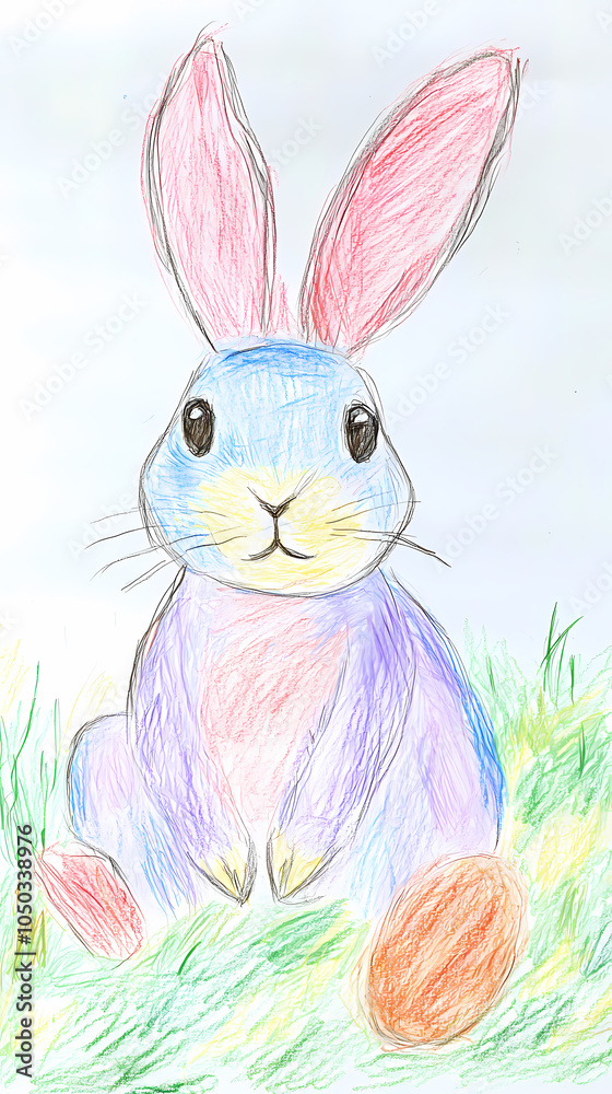 Obraz premium A cute, easy drawing of a rabbit for kids, with a round face, big floppy ears, and a tiny nose. The rabbit has simple oval eyes and a happy smile, sitting with small paws and a fluffy tail.