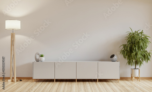 Mockup white wall background,Modern living room decor with a tv cabinet- 3D rendering