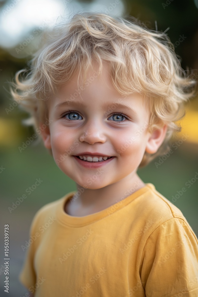 A young child with bright, curly blonde hair smiles in a sunlit outdoor setting, radiating innocence and joy. A young child with bright, curly blonde hair smiles in a sunlit outdoor setting, radiating innocence and joy.