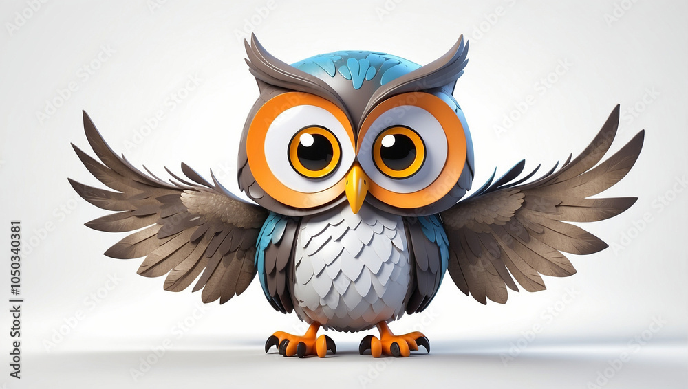 Obraz premium Cute cartoon owl with big eyes and outstretched wings, isolated on white background.