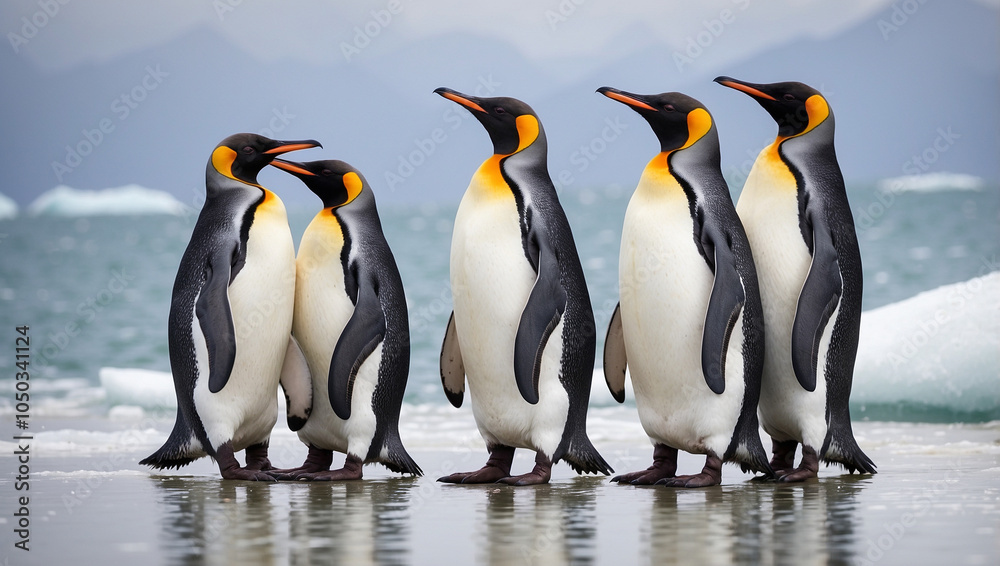 Obraz premium Five King Penguins stand in a line on a beach with ice floes in the background.