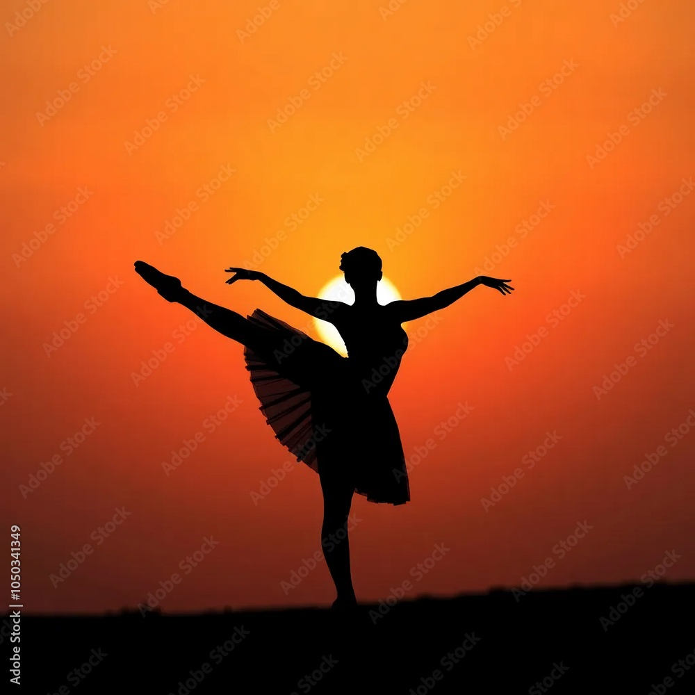Ballet Dancer Silhouette Against Sunset Background