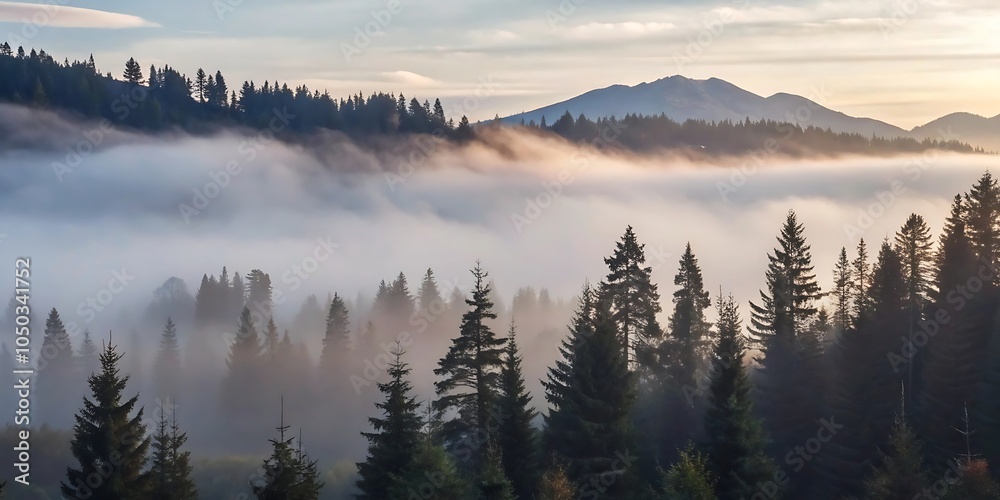 Misty foggy mountain landscape with forest Misty foggy mountain landscape with forest