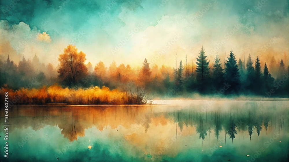 Fototapeta premium Misty autumn lake reflection with colorful forest landscape