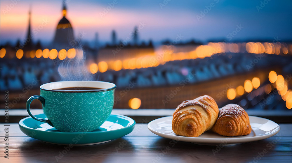A cozy scene featuring a steaming teal coffee mug and pastries against a blurred cityscape illuminated by twinkling lights, evoking relaxation and indulgence for a perfect quiet moment. A cozy scene featuring a steaming teal coffee mug and pastries against a blurred cityscape illuminated by twinkling lights, evoking relaxation and indulgence for a perfect quiet moment.