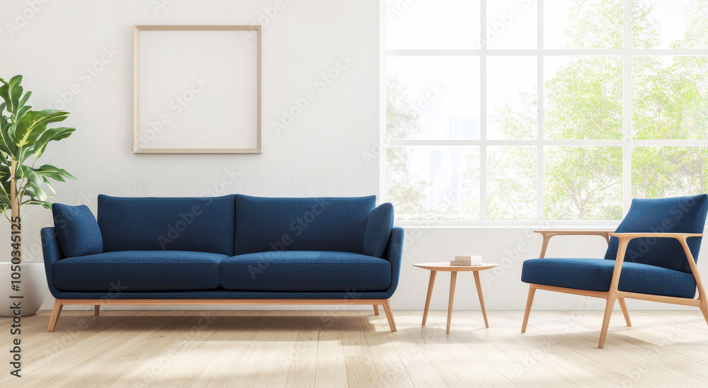 Modern living room with navy sofas and natural light Modern living room with navy sofas and natural light