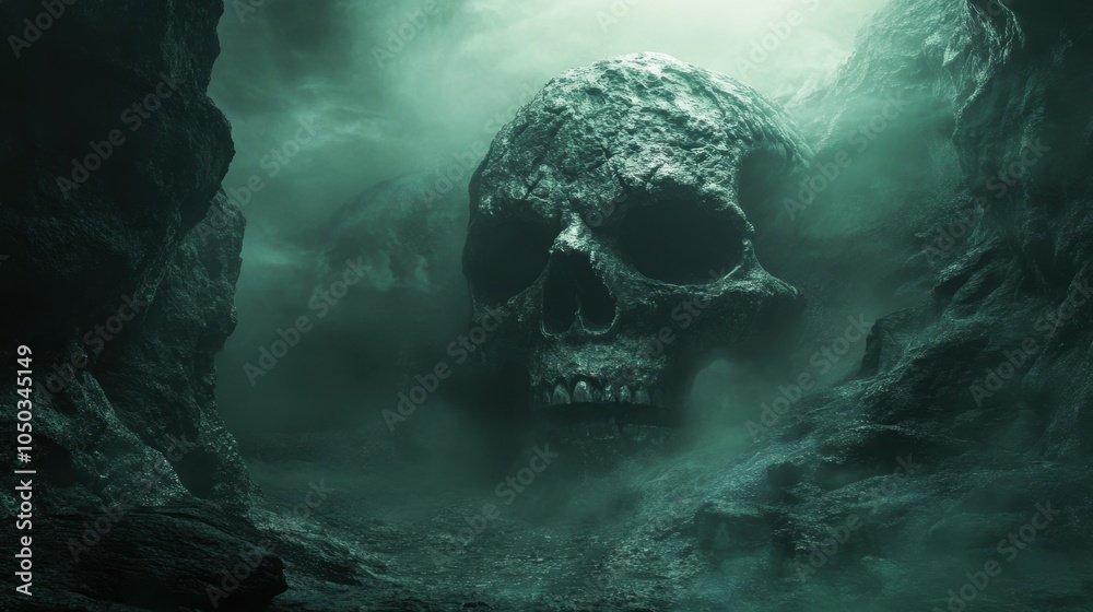 Rocky mountain in the shape of a human skull. Fantasy theme. Halloween poster. Rocky mountain in the shape of a human skull. Fantasy theme. Halloween poster.