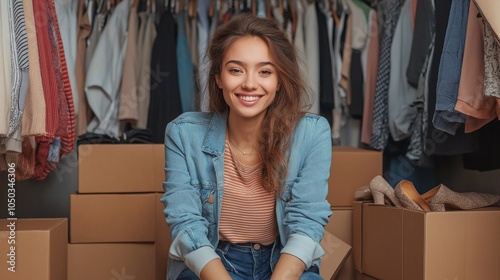 Beautiful woman with wardrobe boxes, clothes in dressing room photo