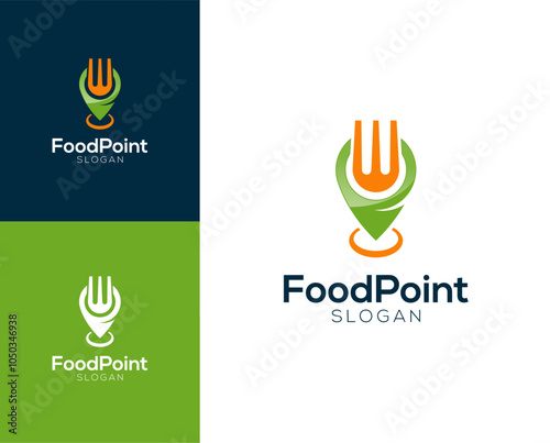 Food point logo. Cultery with pin location  vector logo design.