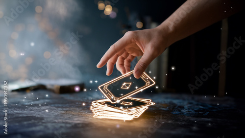 A hand lifts a glowing tarot card from a stack, surrounded by sparkles, symbolizing mystical energy, intuitive choices, and spiritual insight.