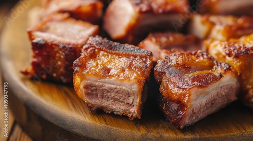 A close-up of crispy, golden-brown pork rinds, perfectly textured for snacking, emitting a savory aroma on a rustic wooden plate