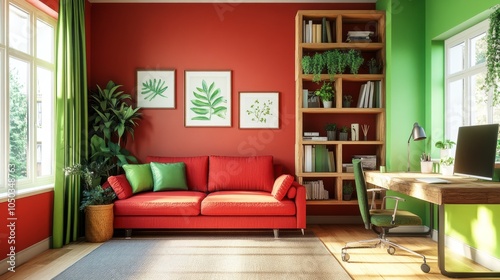 Wallpaper Mural Bright living room interior with a red sofa, green accents, and a home office corner with wooden shelves Torontodigital.ca