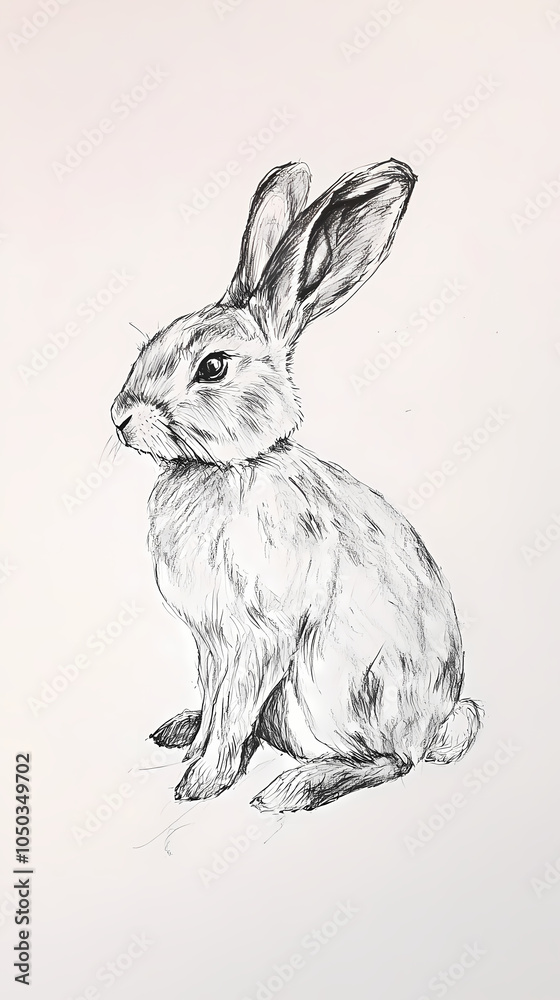 Obraz premium A cute, easy drawing of a rabbit for kids, with a round face, big floppy ears, and a tiny nose. The rabbit has simple oval eyes and a happy smile, sitting with small paws and a fluffy tail.