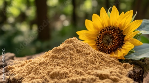 A vibrant heap of sunflower lecithin powder with a sunflower blossom gently blurred in the background