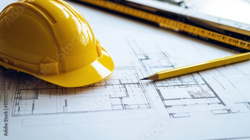Architectural design plan on table. Construction workspace with yellow safety helmet,ruler and pencil placed on top of architectural blueprints. Construction plan for building project