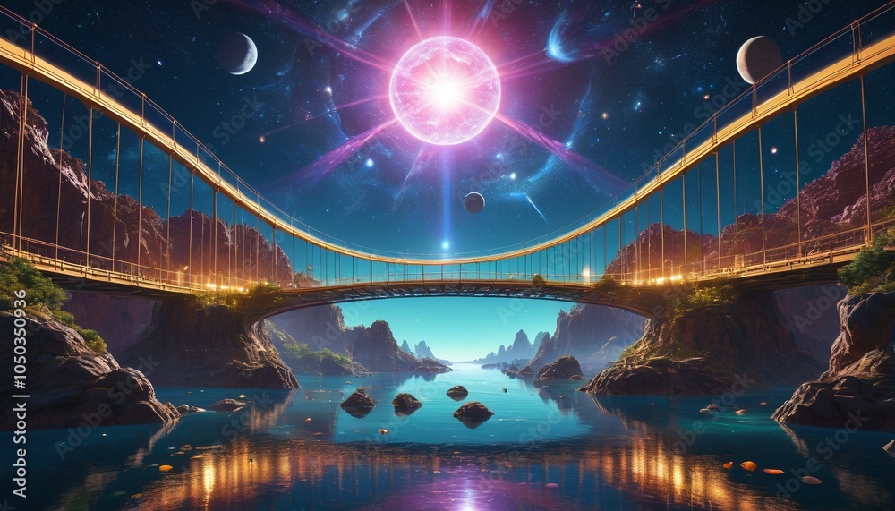 Obraz premium A bridge of light made of energy beams, connecting floating islands in a celestial world, illustrating the beauty of cosmic architecture, Generative AI