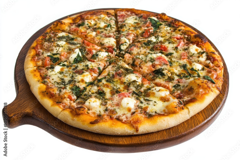 Margherita Pizza with Mozzarella and Basil on Board Margherita Pizza with Mozzarella and Basil on Board