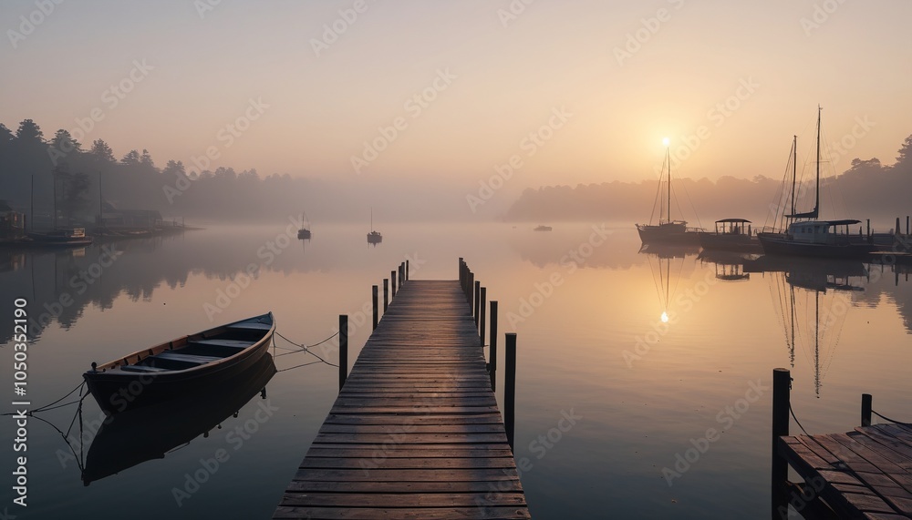 Fototapeta premium A serene dock enveloped in thick morning fog, with silhouettes of boats appearing mysteriously in the distance, creating an ethereal atmosphere, Generative AI