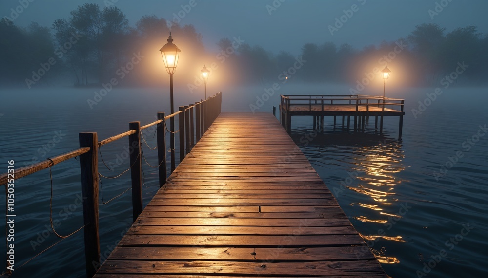 Fototapeta premium An old wooden dock shrouded in swirling mist, reflecting the soft glow of lanterns and casting enchanting shadows on the water's surface, Generative AI