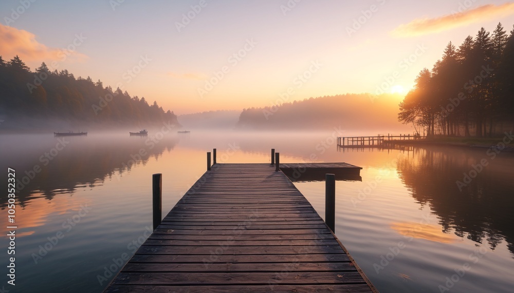 Fototapeta premium A picturesque dock at sunrise, surrounded by a blanket of fog that gently rolls over the water, creating a dreamlike and magical ambiance, Generative AI