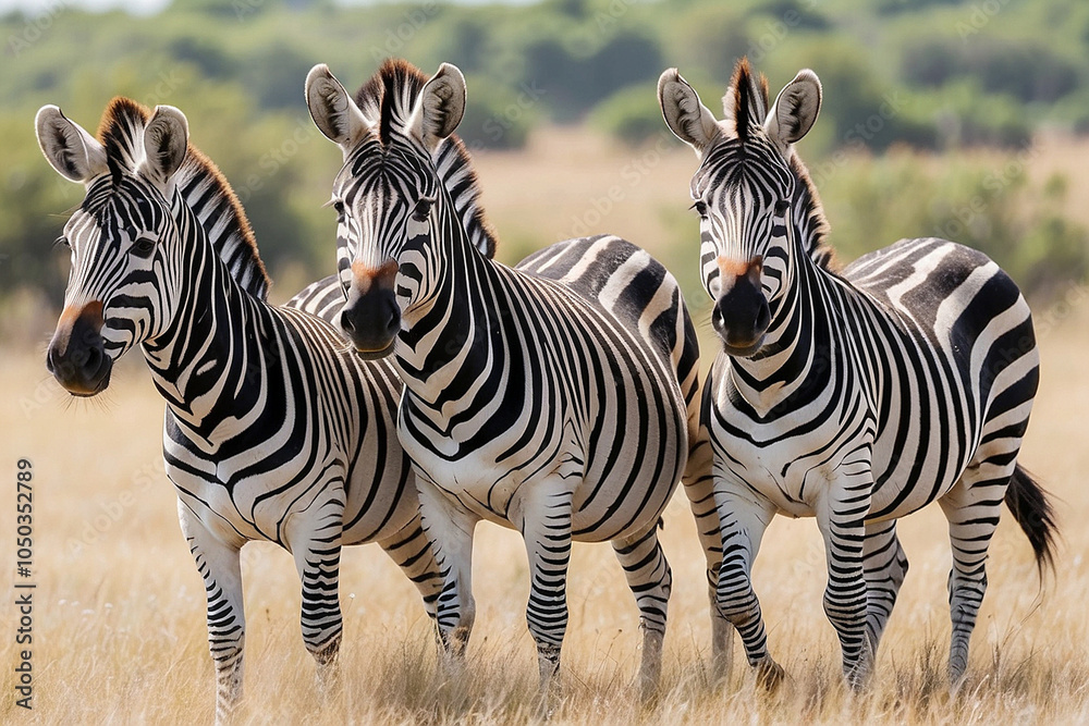Fototapeta premium Three zebras standing in a field, looking towards the camera.
