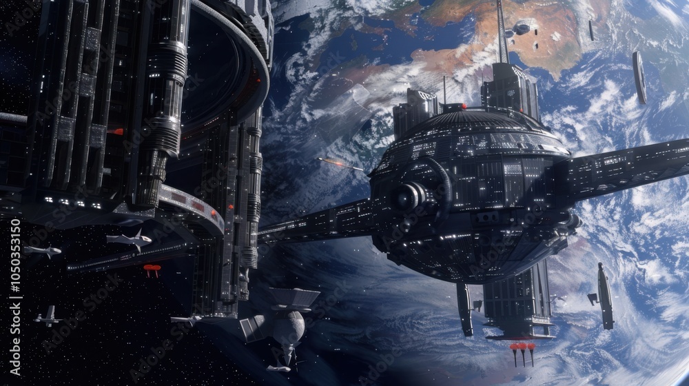 A futuristic space station orbiting a distant planet with futuristic technology, Sci-fi setting with space exploration, Futuristic style