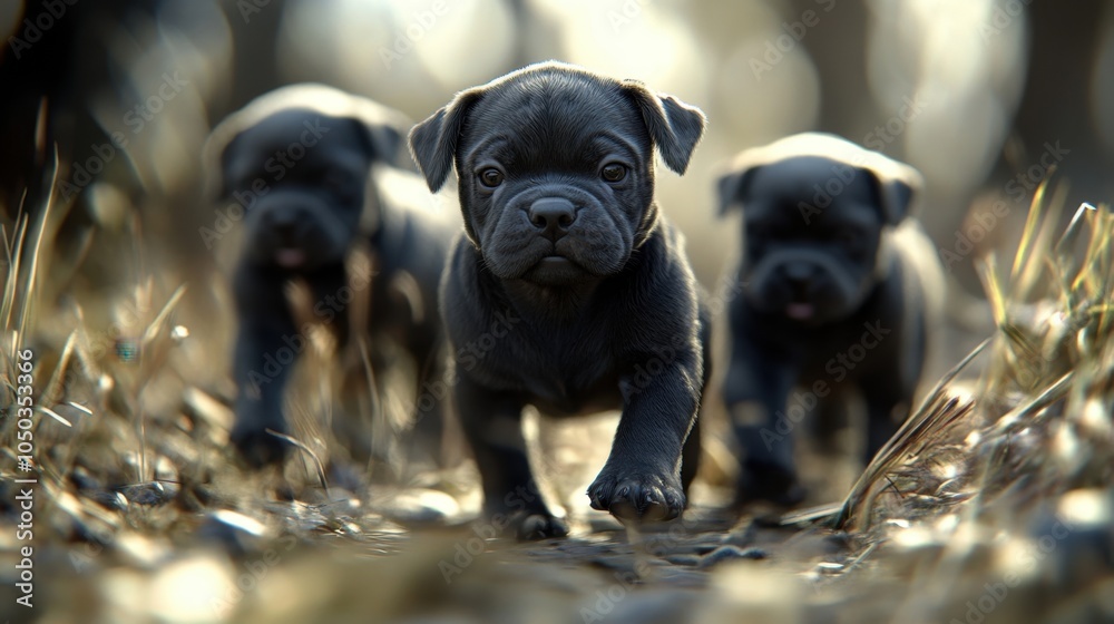 Cane Corso puppies frolicking in tilt-shift style, capturing joy and texture with a depth of field that brings focus to each detail Cane Corso puppies frolicking in tilt-shift style, capturing joy and texture with a depth of field that brings focus to each detail